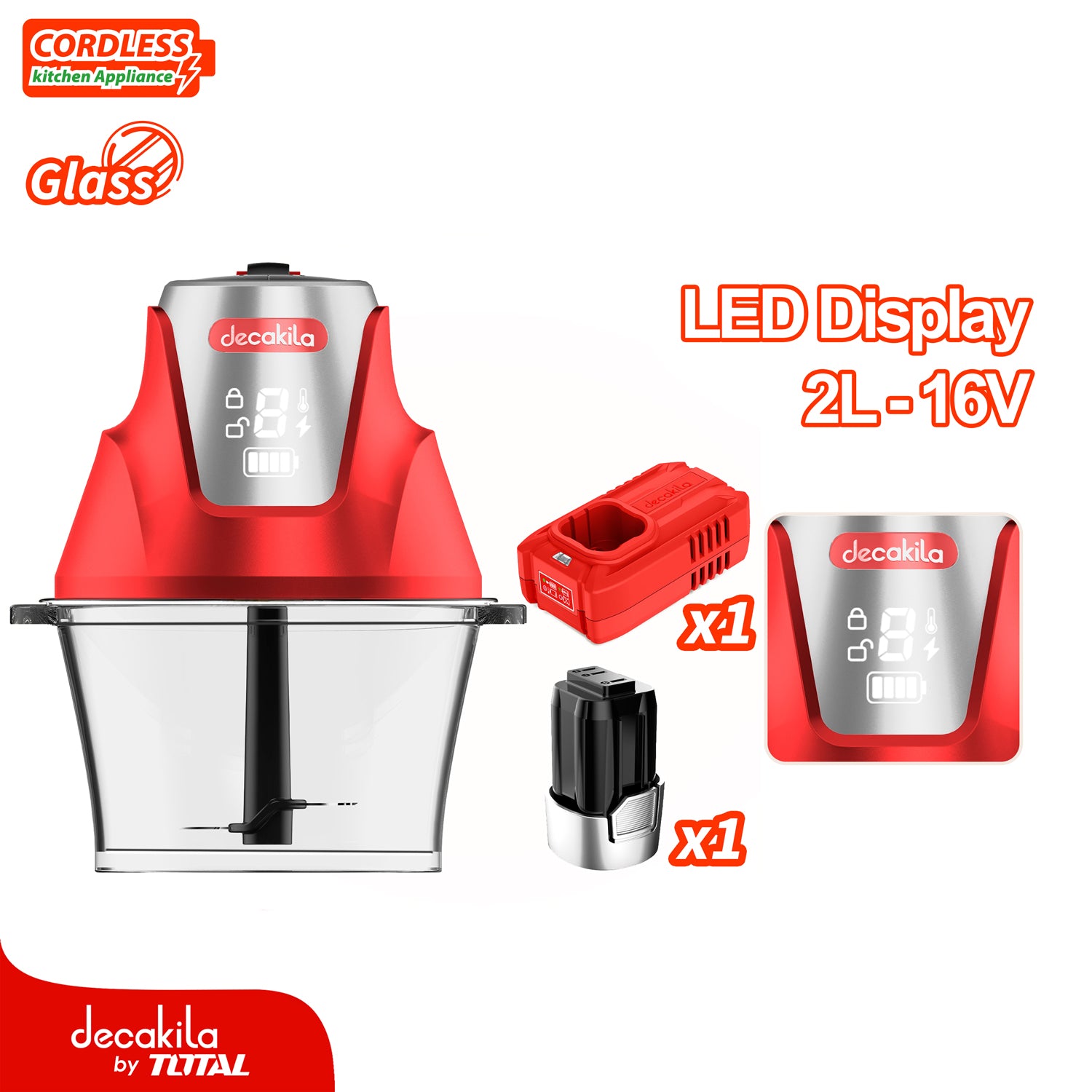 Picador de alimentos inalámbrico rojo de 2L con bowl de vidrio y cuchillas de acero inoxidable.  Incluye batería + cargador.