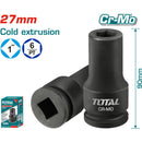 Socket de Impacto 1". Medida: 27 mm. Longitud: 90 mm. Material: CrMo. Extrusión en frío.