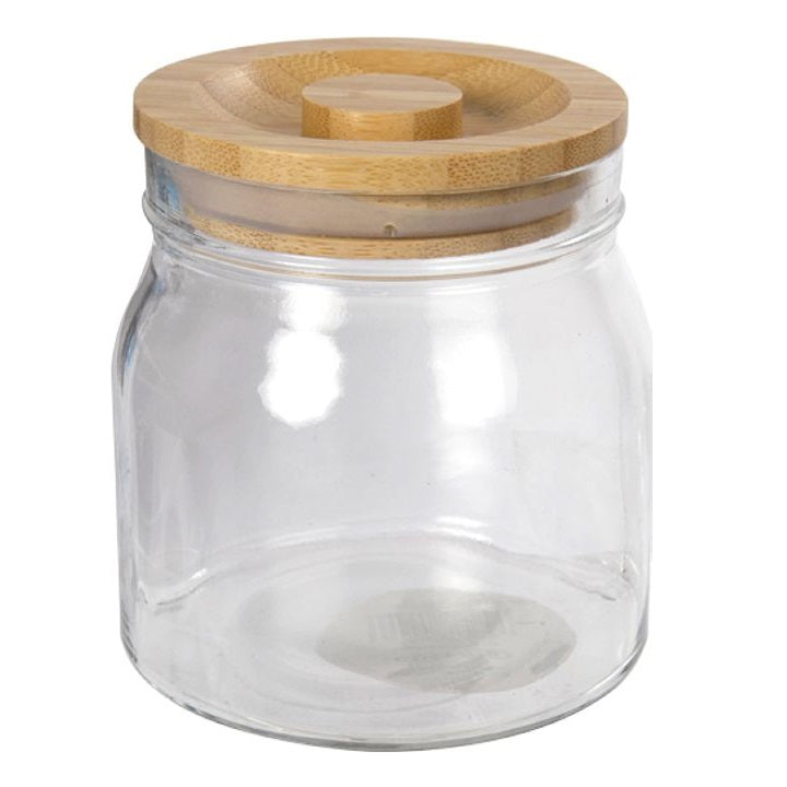 Frasco tarro de vidrio Luciano con tapa de madera, 4 "de diámetro x 4,25" de alto