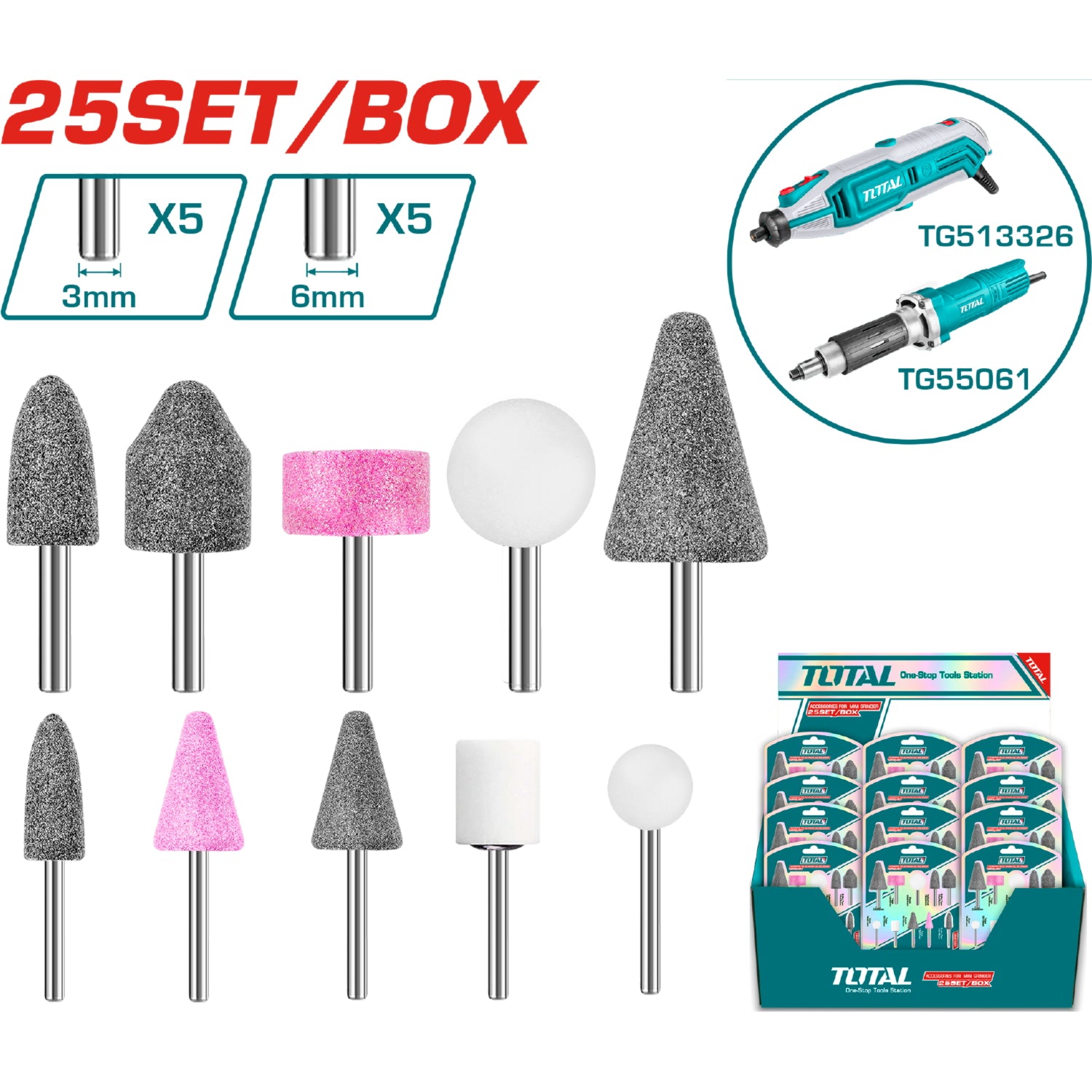 Mini Mototool y Mini Amoladora 25 Pzas  (Fresas, conos, balas) UTG513326 TG2006 UTMGLI12011