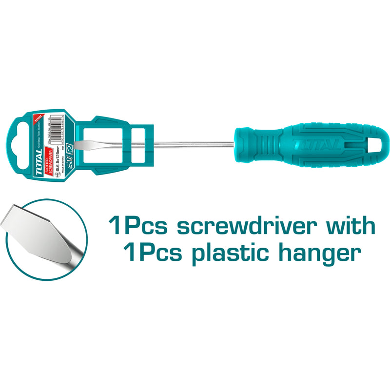 Destornillador plano 40 Cr, mango redondo. Ranura: 6 mm. Diámetro: 6 mm. Longitud: 125 mm