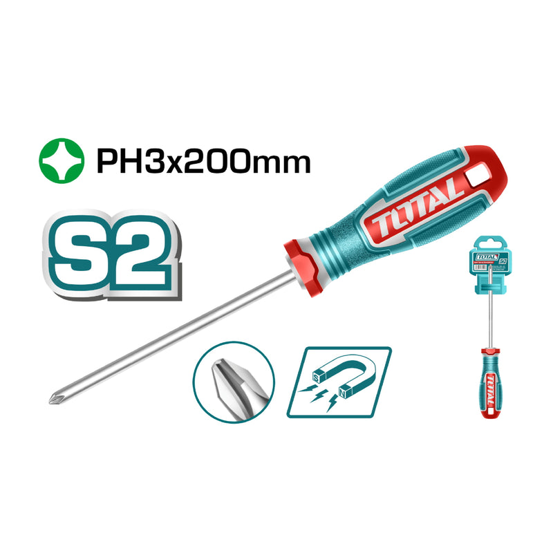 Destornillador Phillips PH3x200mm Punta magnética. Mango suave. Material de la hoja S2
