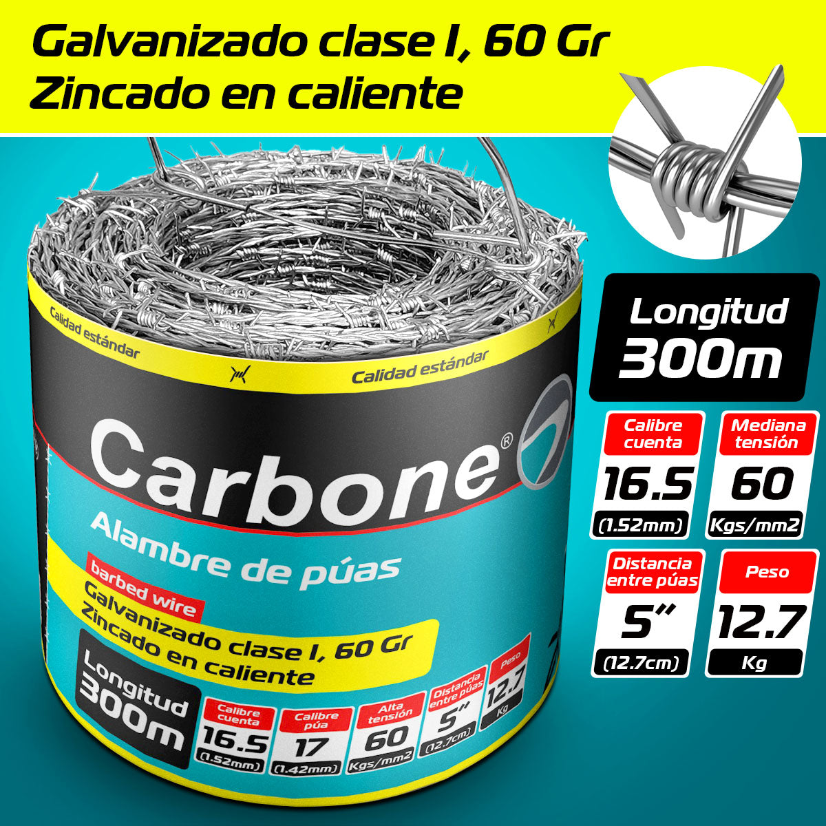 Alambre de puas calibre 16.5 de 300m zincado 60Gr Mt2 clase I (Amarillo estandar) 12.7 kg