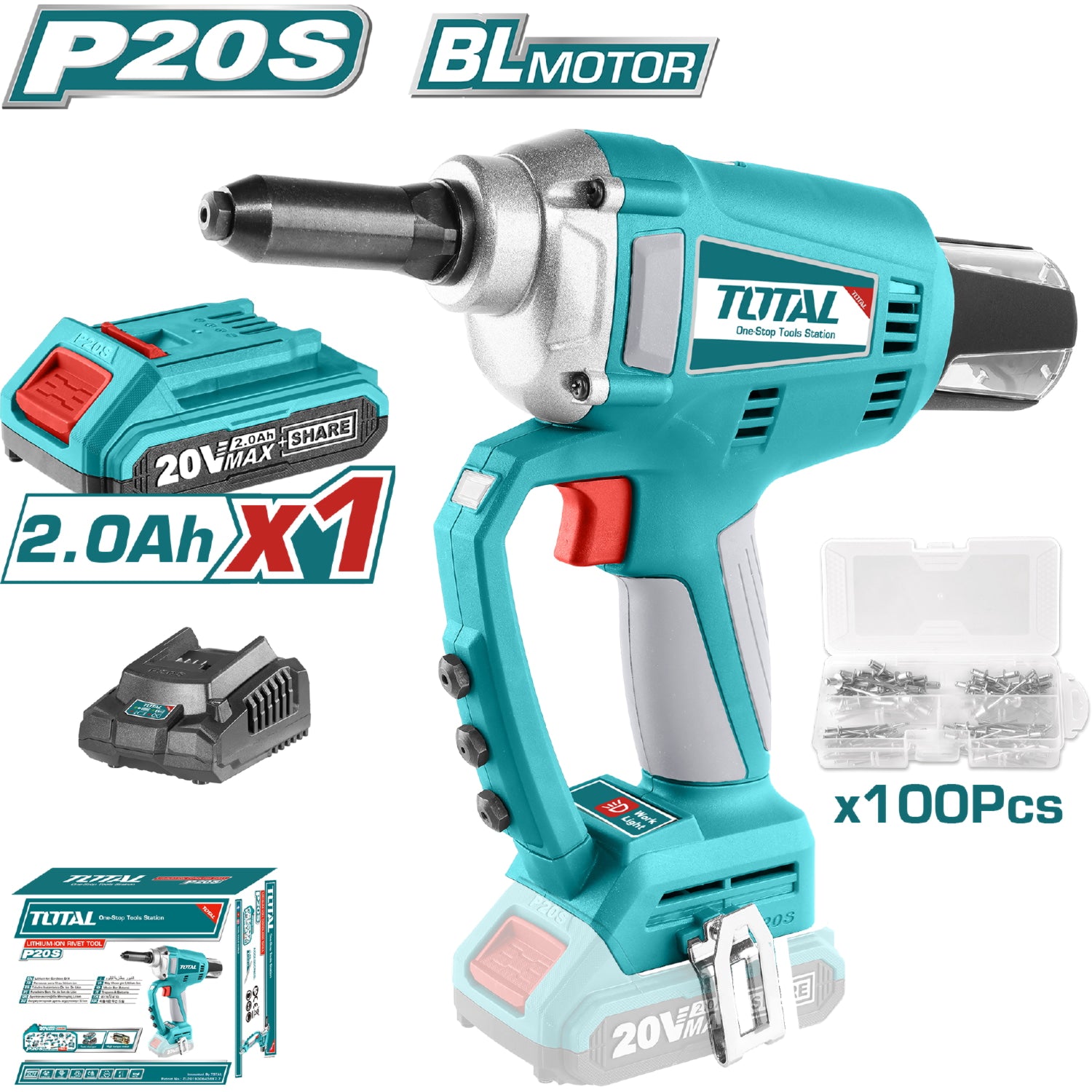 Remachadora Inalámbrica 20V Fuerza: 20kN. 110-120V ~ 50/60Hz. Incluye batería y cargador.