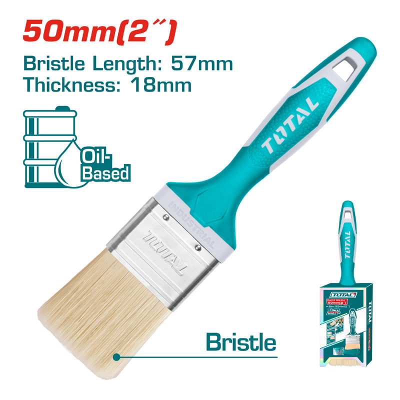 Brocha para pintar 2". Pintura a base de aceite. Largo: 57mm. Espesor: 18mm. Mango de goma.