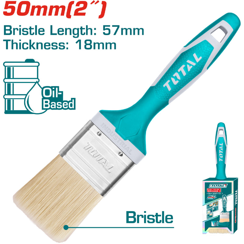 Brocha para pintar 2". Pintura a base de aceite. Largo: 57mm. Espesor: 18mm. Mango de goma.
