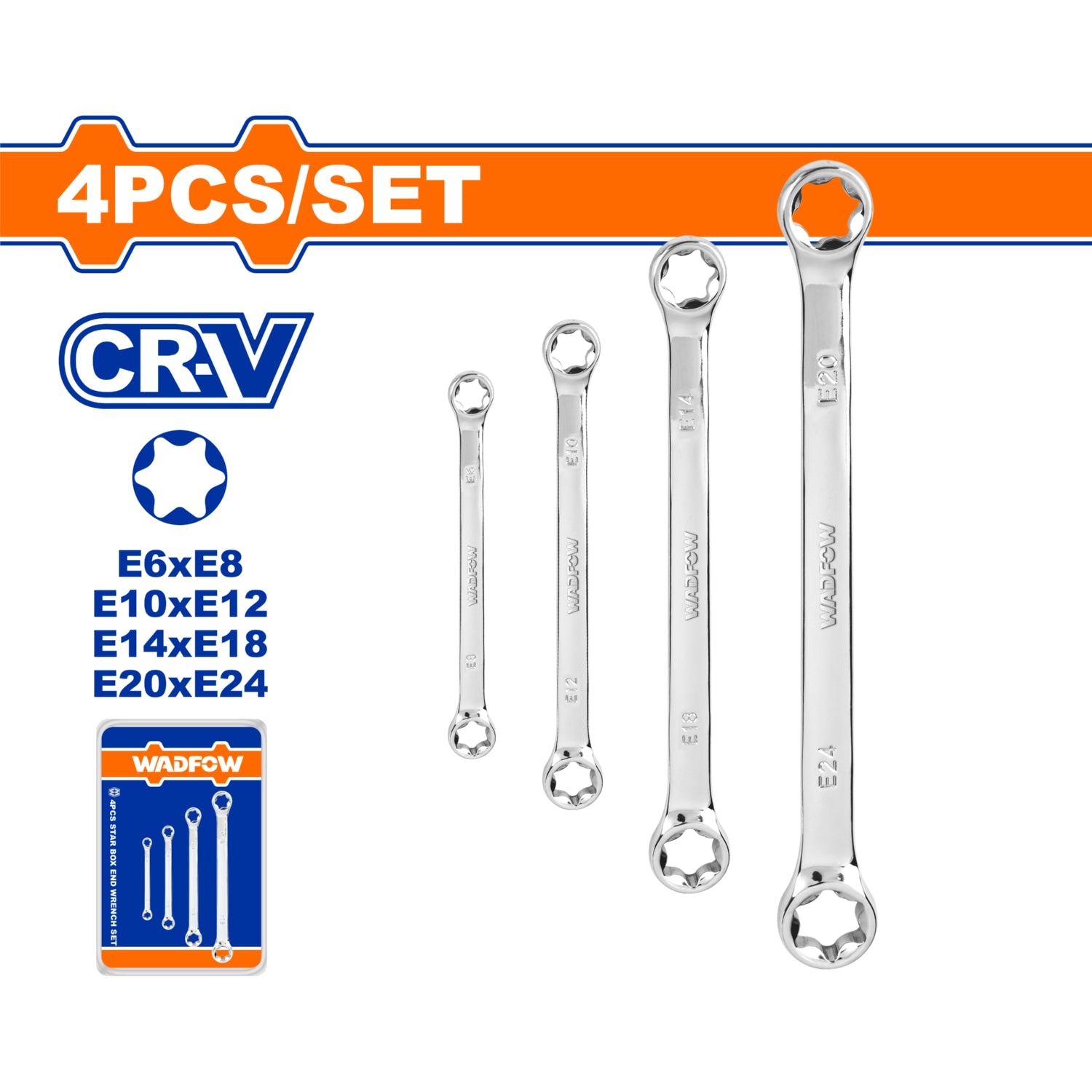 Llaves de Estrella Set de 4 piezas. Tamaños: E6-E24. Cr-V. Fino Pulido. Se vende en Set.