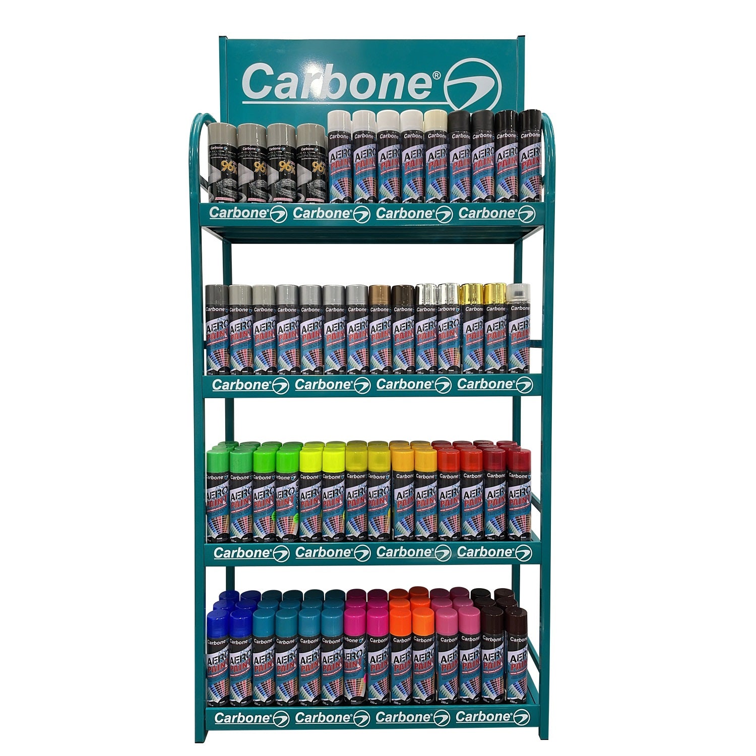 Exhibidor ferretero Carbone Espray L*A*ALT=800*300*1750mm. Capacidad 275 Latas pintura spray