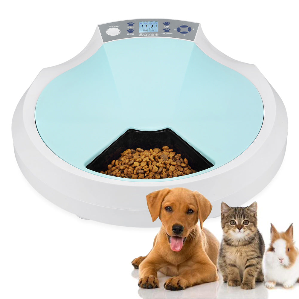 Dispensador de alimentos inteligente para mascotas de 5 compartimentos 270ml c/u. Color azul