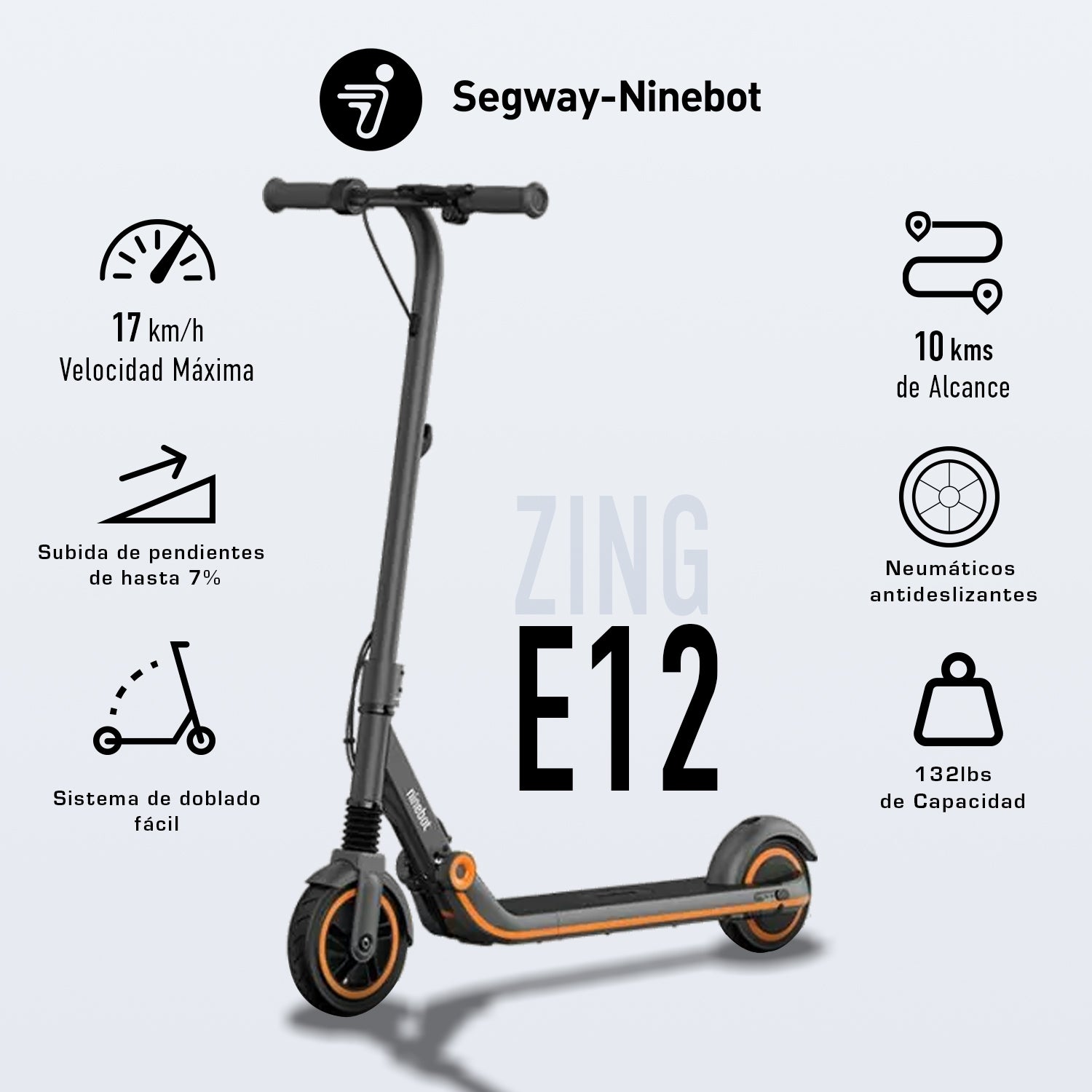 Scooter Segway Ninebot ZING E12 Monopatín. eKickScooter peso max conductor 60kg. Rango 10 km Velocidad Max. 16km/h