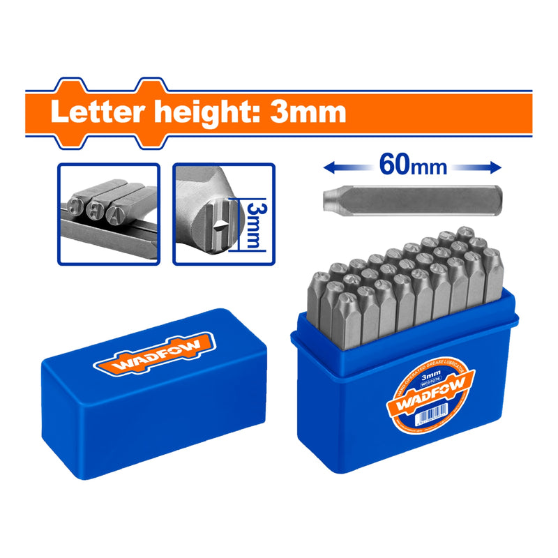 Cinceles de letras  Set 27 pzas. Altura de letra: 3mm. Long: 60mm. Ponchador de letras