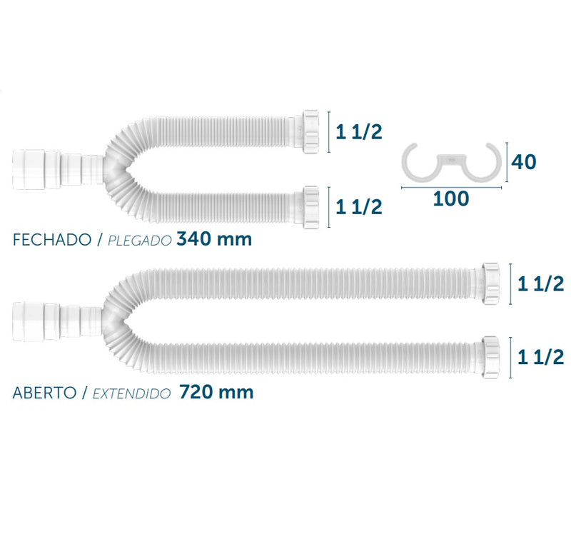 Trampa PVC sifón doble 1 1/2" FLEXIBLE para fregadero tipo Y de 2 vias NESSATI