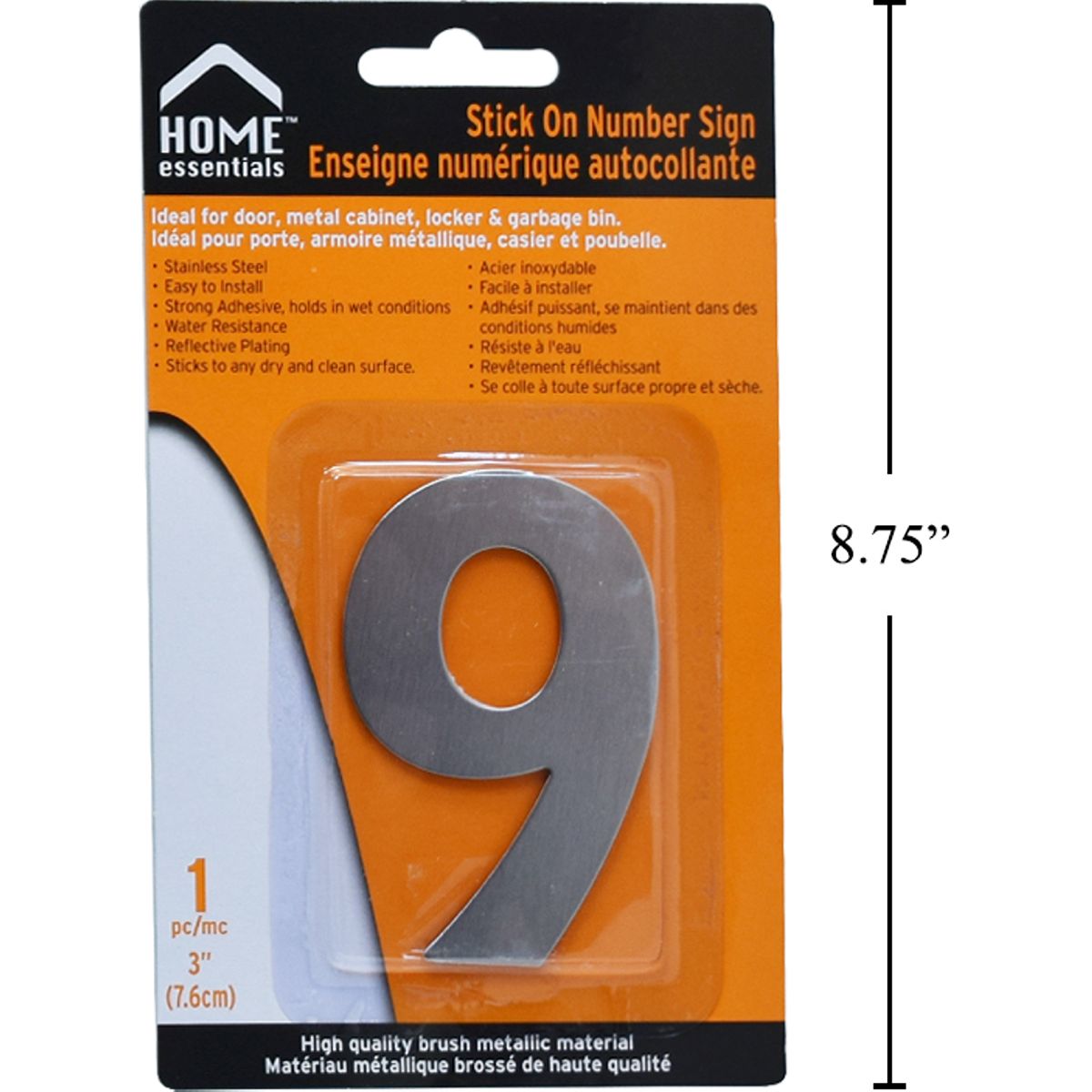 Letrero Señal numérica adhesiva de 3" # 9 Acero inoxidable