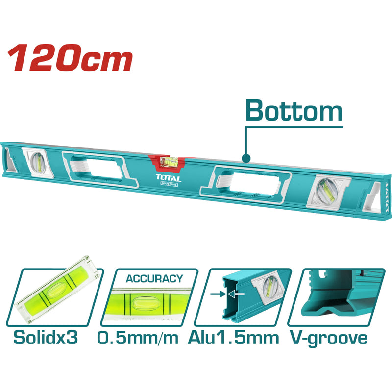 Nivel de burbuja 120 cm. Fresado en ambos lados.  Precisión: 0.5mm/m. Ranura en forma de V.