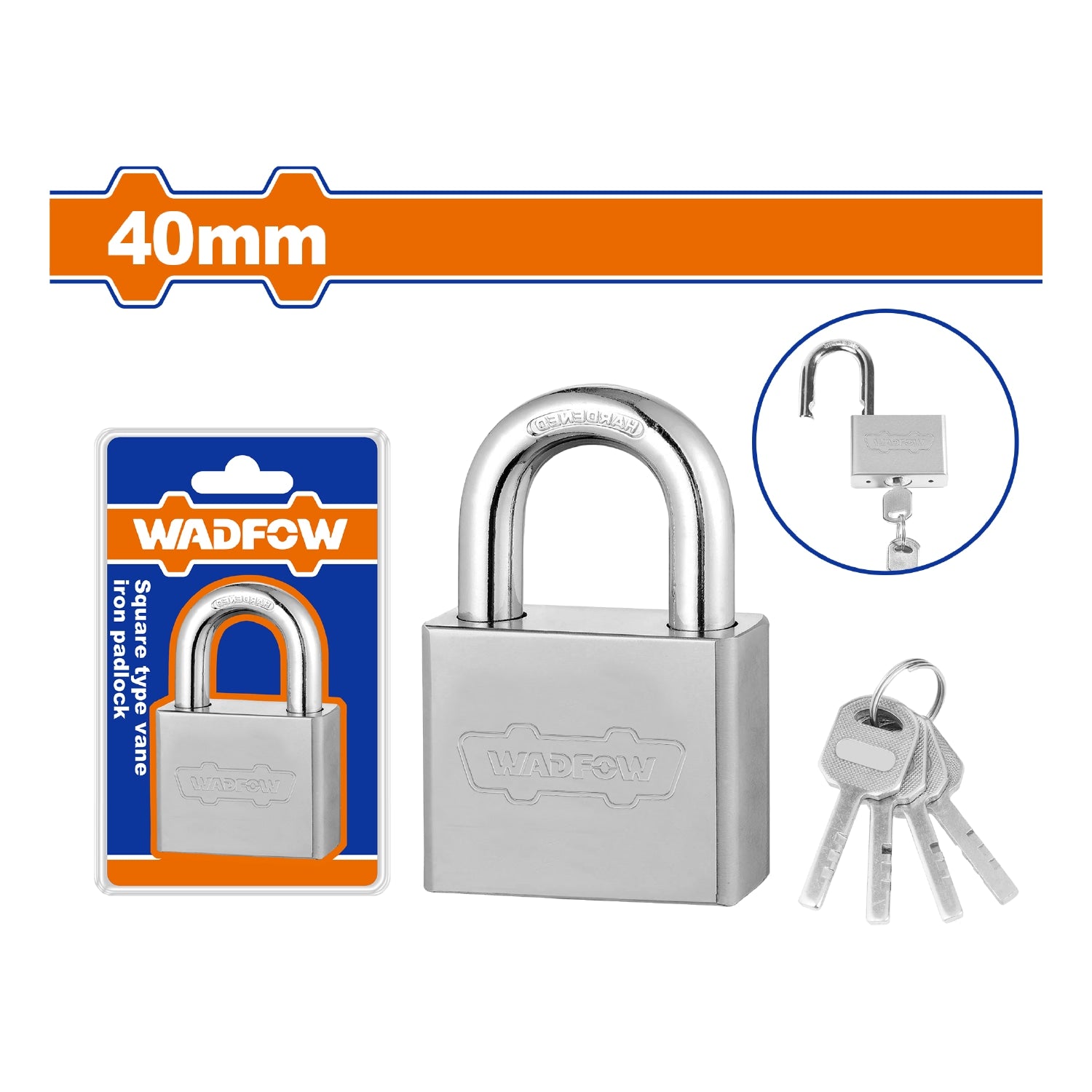Candado de hierro con aleta tipo cuadrado de 40mm. Forma cuadrada. Incluye 4 llaves de hierro.