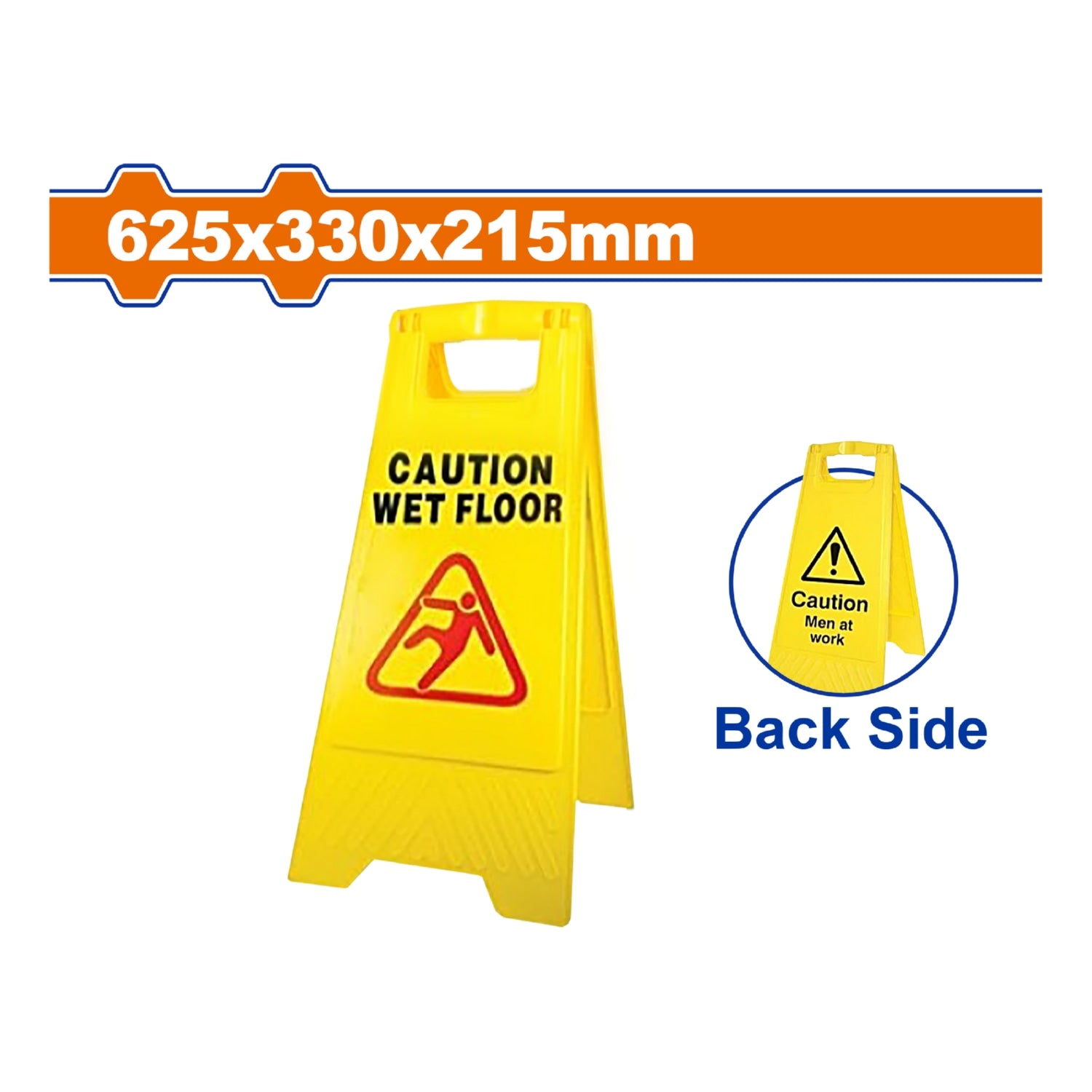 Señal precaucion piso mojado o húmedo para evitar resbalones. Plegable con asa. 625×330×215mm