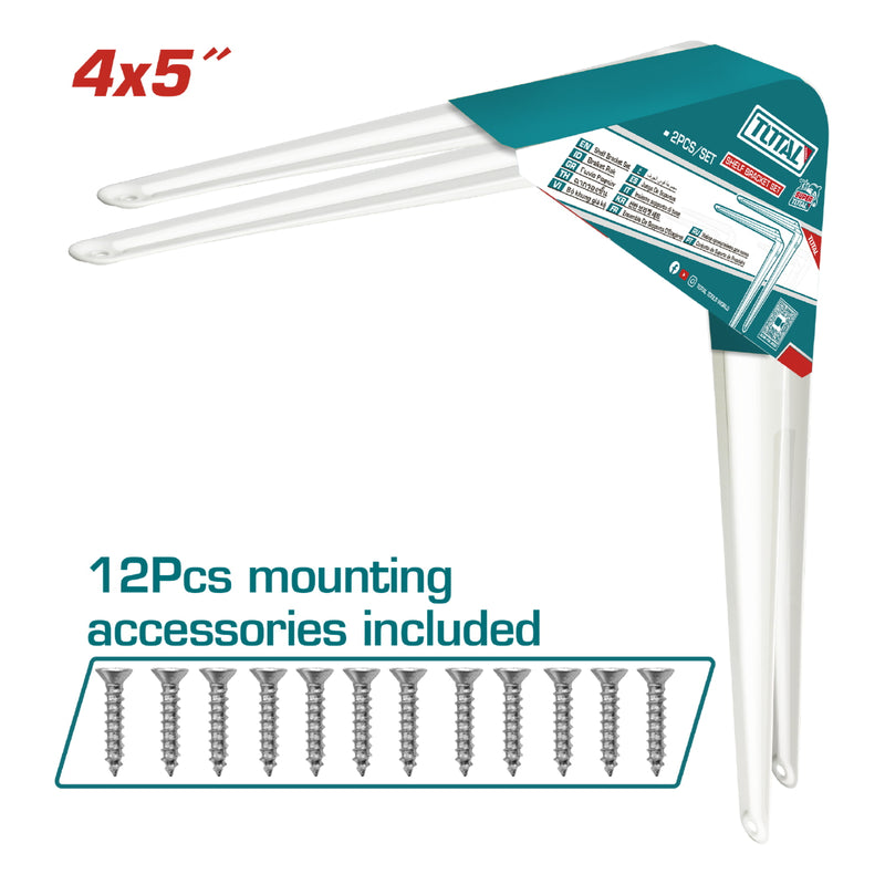 Soportes de Repisas 4x5" Esp. 1mm. 6 puntos de fijación. Cap. 20Kg (por par). Set de 2 piezas. Pie de amigo escuadras