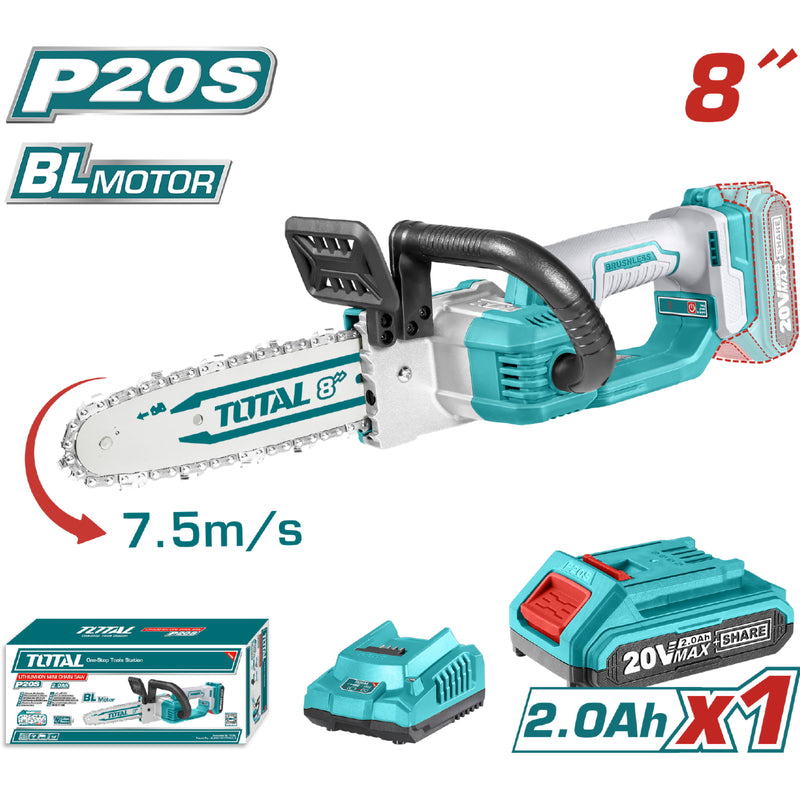 Mini Motosierra Inalámbrica 20V. Motor sin escobillas. 20cm. (Batería 2.0Ah, cargador y aceite)