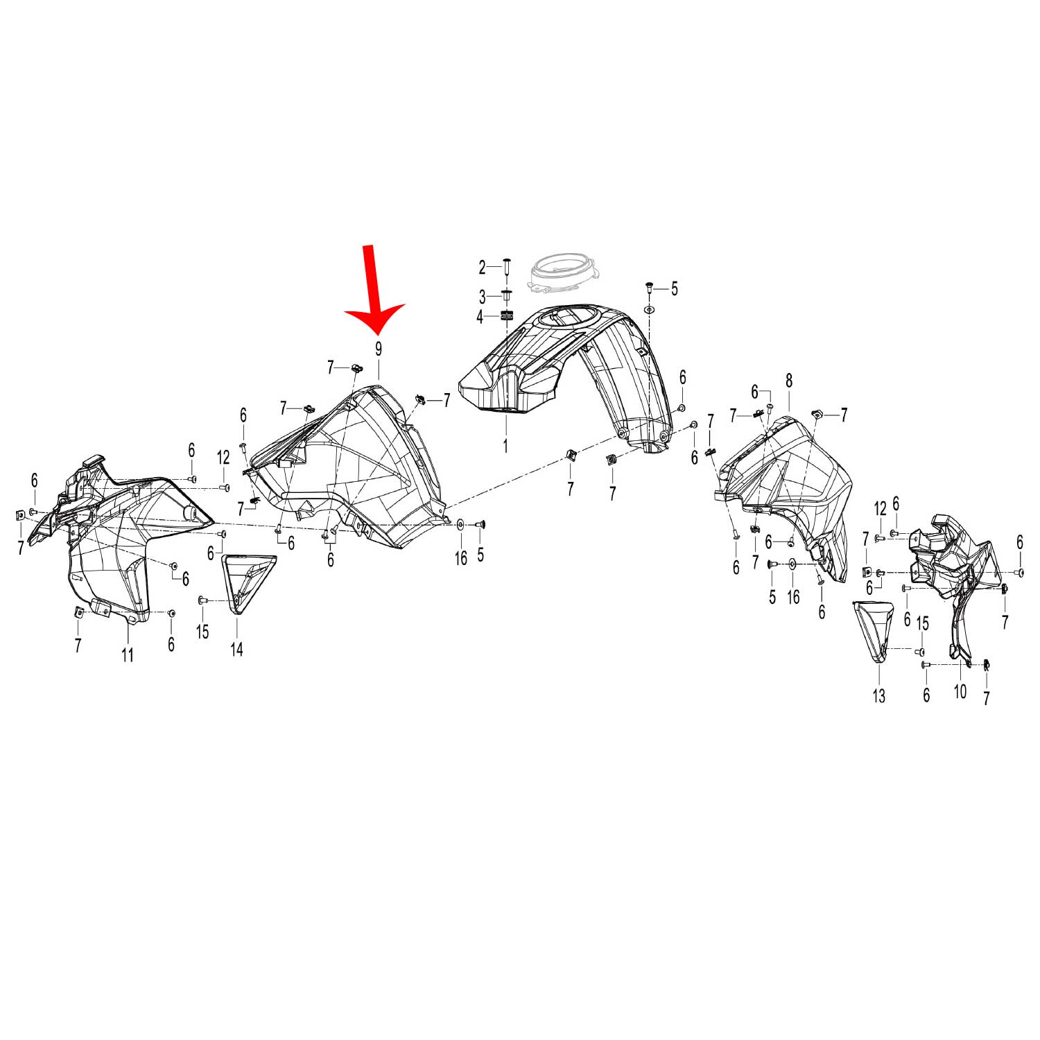 Panel derecho del tanque de combustible rojo con calcomanias (TRK502X)