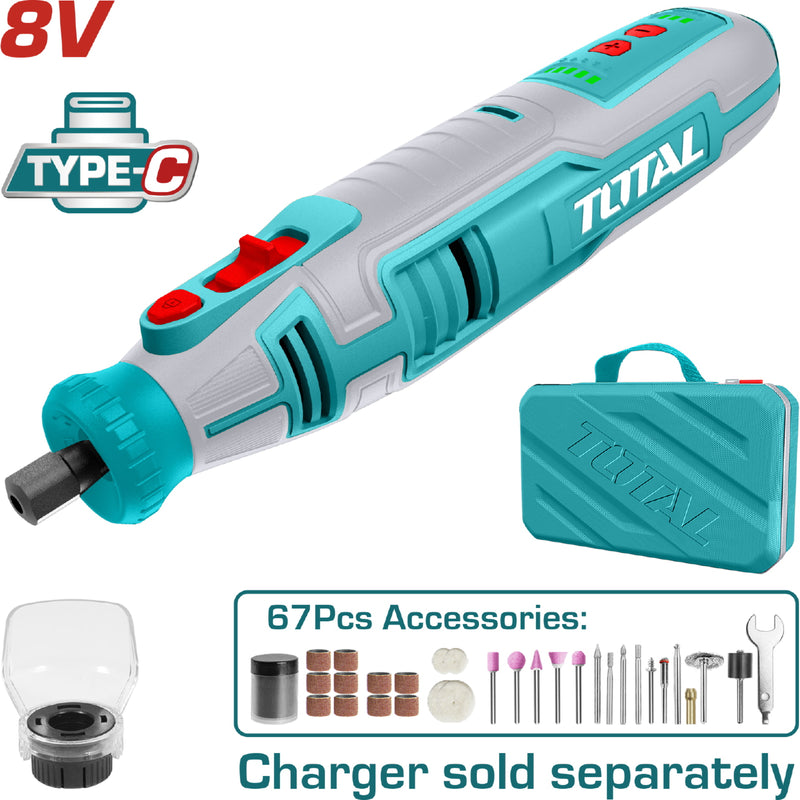 Moto Tool Inalambrico 8V 5000-25000rpm Incluye 67  Accesorios. Carga USB Motortool