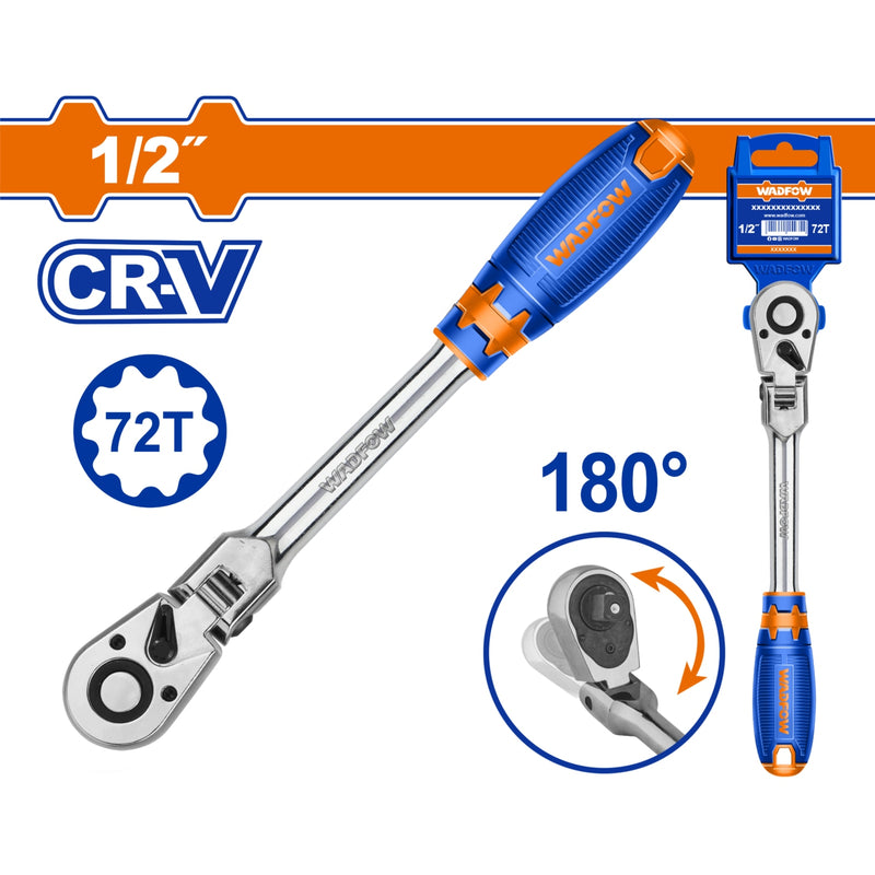 Ratchet de Cabeza Flexible 1/2". Cr-V.72 dientes. Rota 180º. Long: 300mm. Térmico. Cromado.