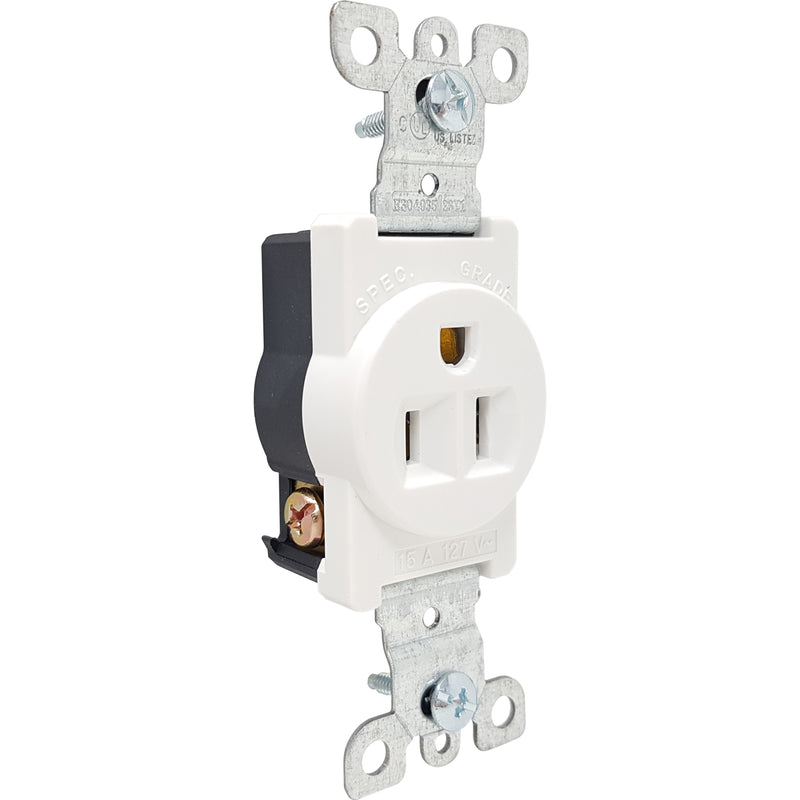Tomacorriente sencillo. 2 Polos/3Wire. Nema 5-15R. 15A-125Volt. 60Hz. Incluye Tornillos.