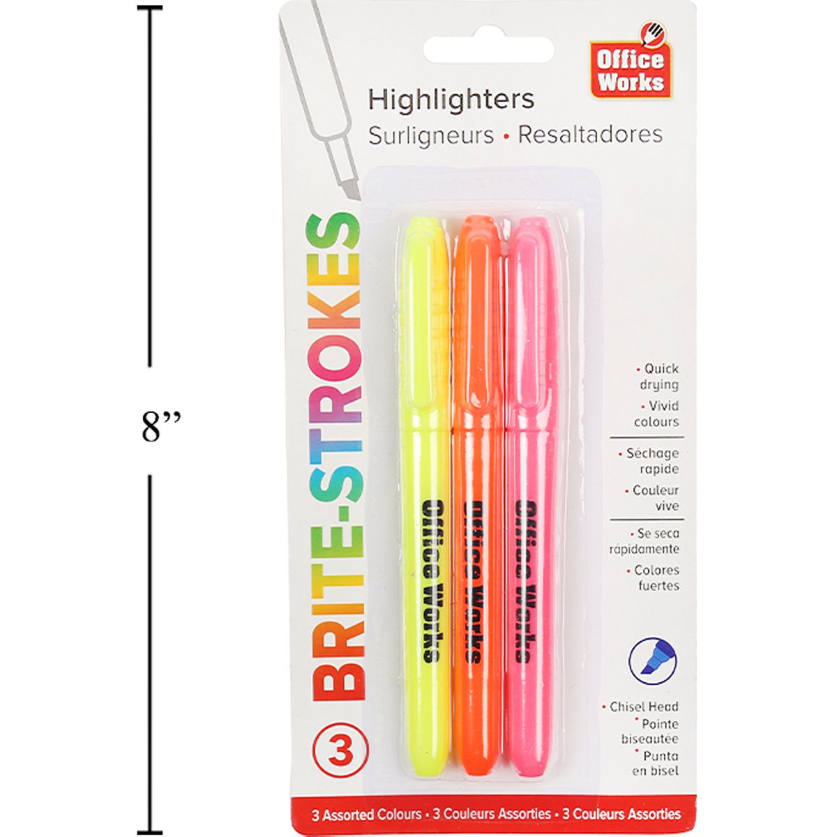 Resaltadores con punta de cincel de 3 piezas Amarillo, naranja y rosa