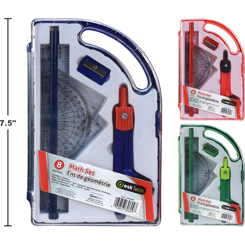 Juego matemáticas compas y escuadras  8 pza (1pza) (colores variados al azar)