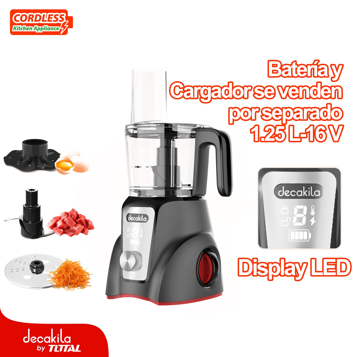 Procesador de alimentos inalámbrico gris 250W 1.25L  Pica, rebana y corta. Batería y Cargador por separado.