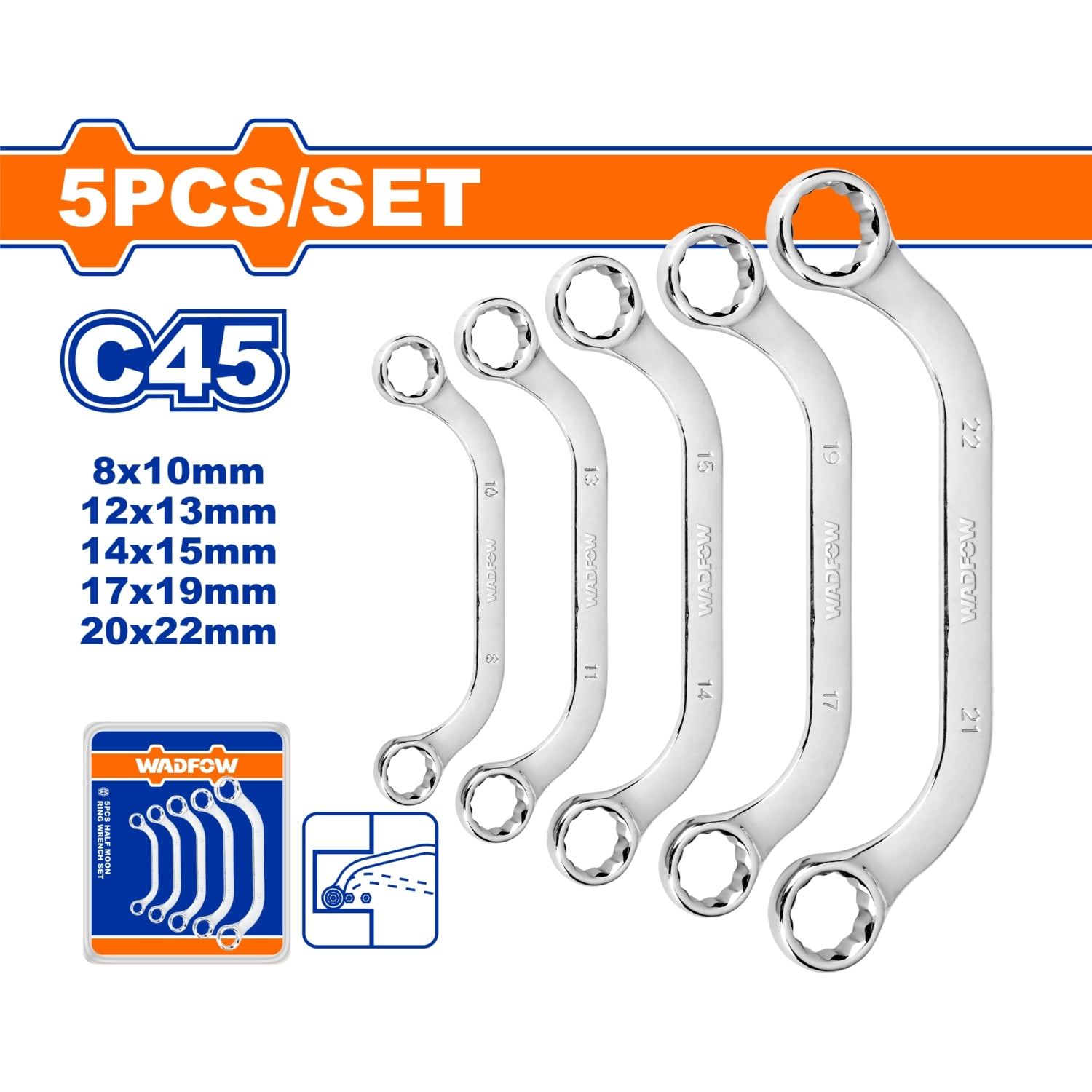 Llaves Medialuna. Set de 5 pzas. Tamaño:8-22mm. Acero al carbono #45. Pulido.