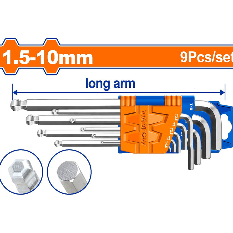 Llaves Hexagonales allen de punta de bola. Brazo largo de 9 pzas. 1.5-10mm. Cr-V (Juego)