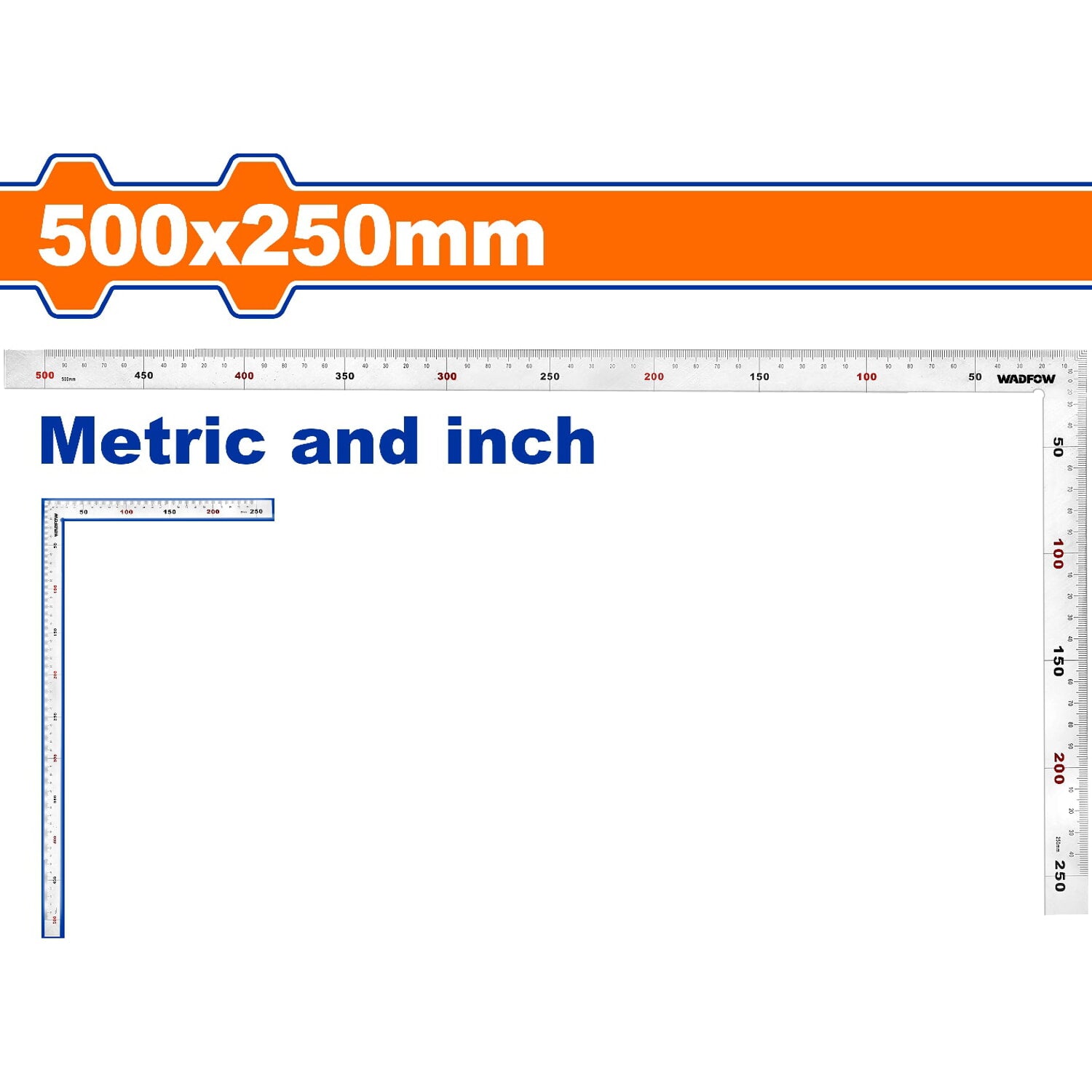Escuadra Angular de Acero Inoxidable de 500x250mm(20"x10"). Mide metros y pulgadas.