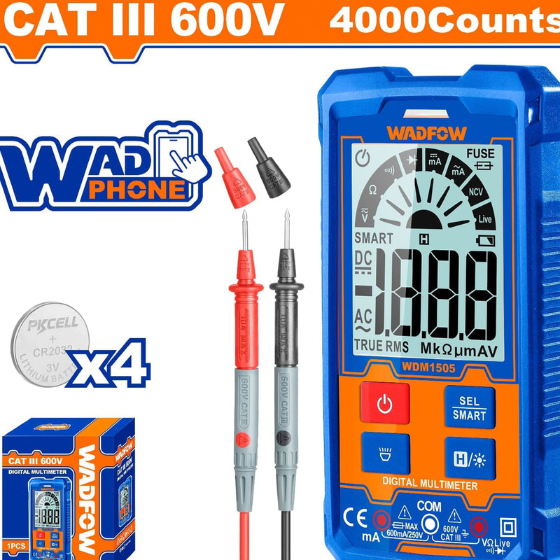Multímetro Digital 2000 dígitos. CATIII 600V. Función inteligente. Rango automático.