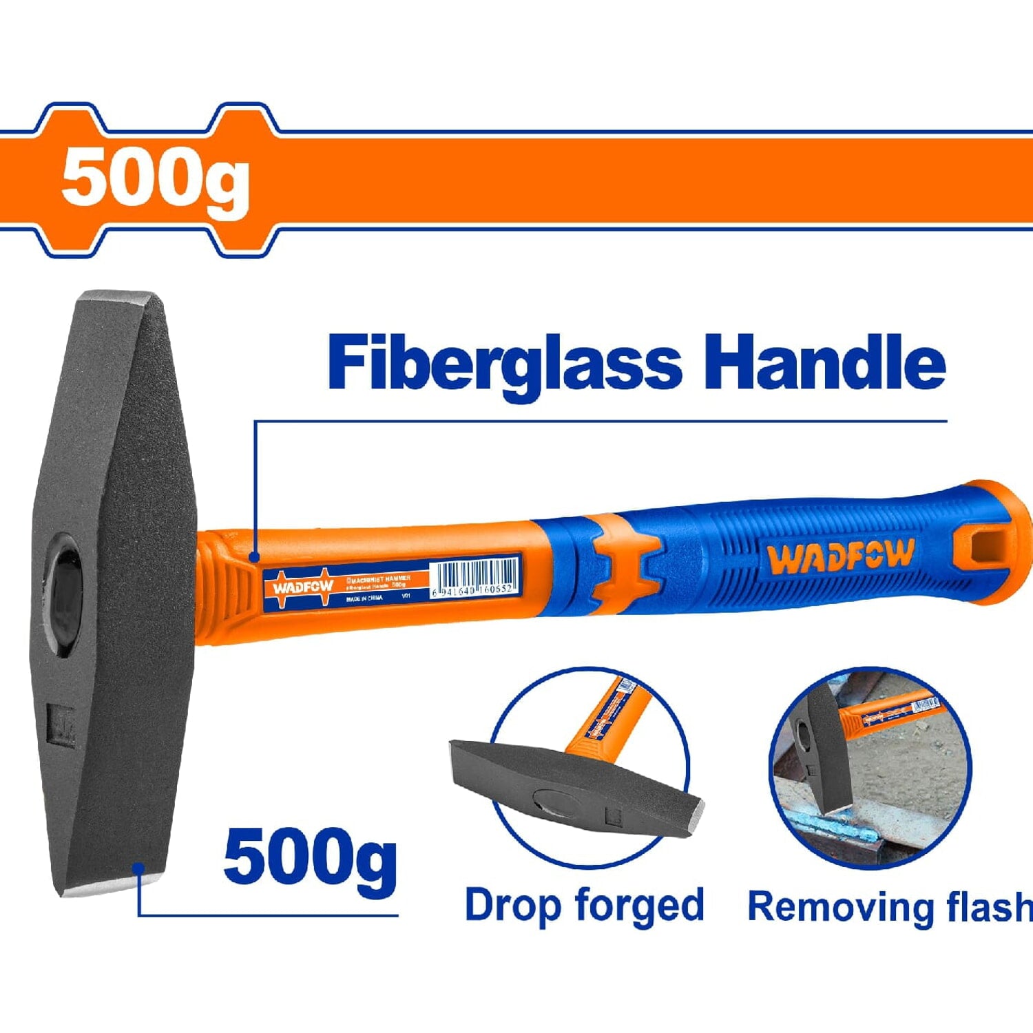 Martillo Forjado 500g. Tratamiento térmico. Acero# 45. Mango Fibra de Vidrio.