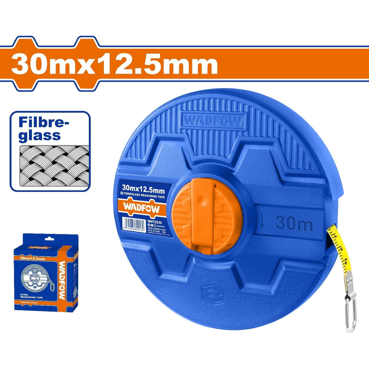 Cinta métrica de Fibra de Vidrio. (Métrico/Pulgada). 30mx12.5mm. Retráctil.