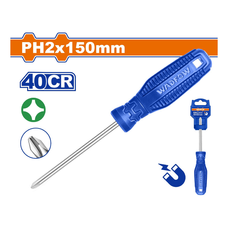 Destornillador Phillips 6x150mm PH2 Vástago Redondo 40CR Magnético.