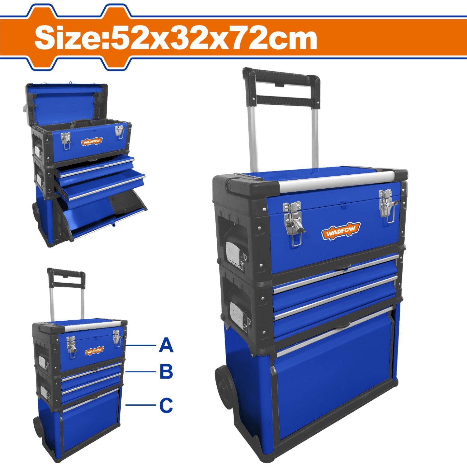 Caja de herramientas de servicio mecánico para taller estilo carrito Trolley con mango. Tamaño total: 520x320x720mm 3 bandejas