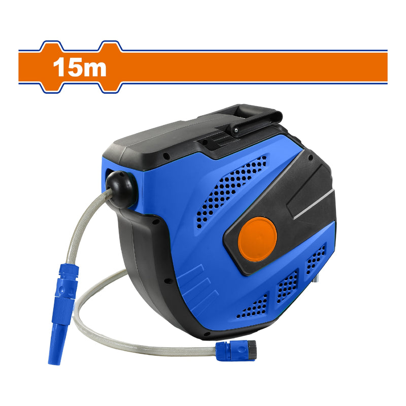 Manguera de agua con carrete retráctil 15+1.5m. Tamaño: 1/2" . Presión 150PSI.