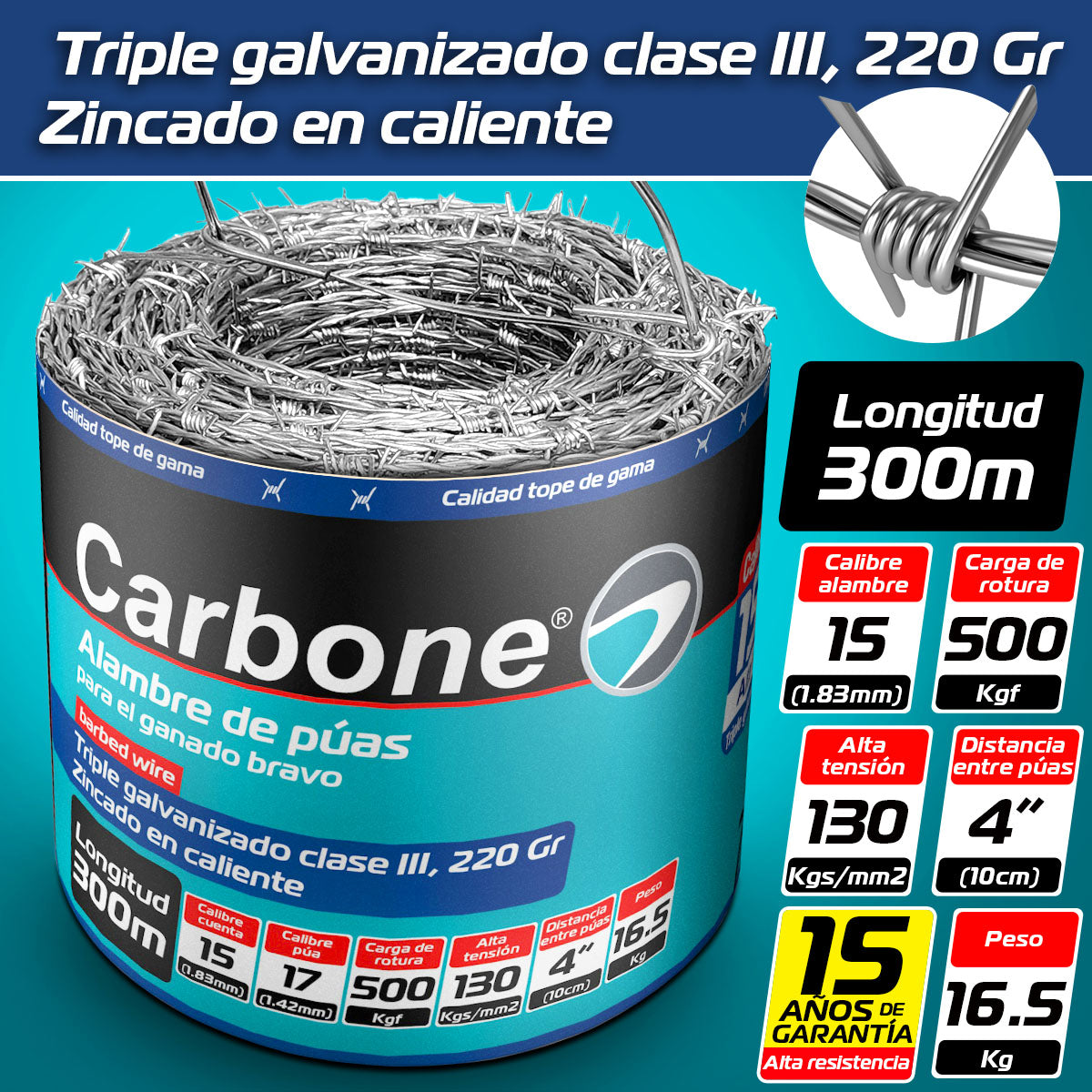 Alambre de púas calibre 15 de 300m (Alta calidad Tope Gama) Triple galvanizado 220gr m2 (15 años garantía contra corrosión) 16.5 kg