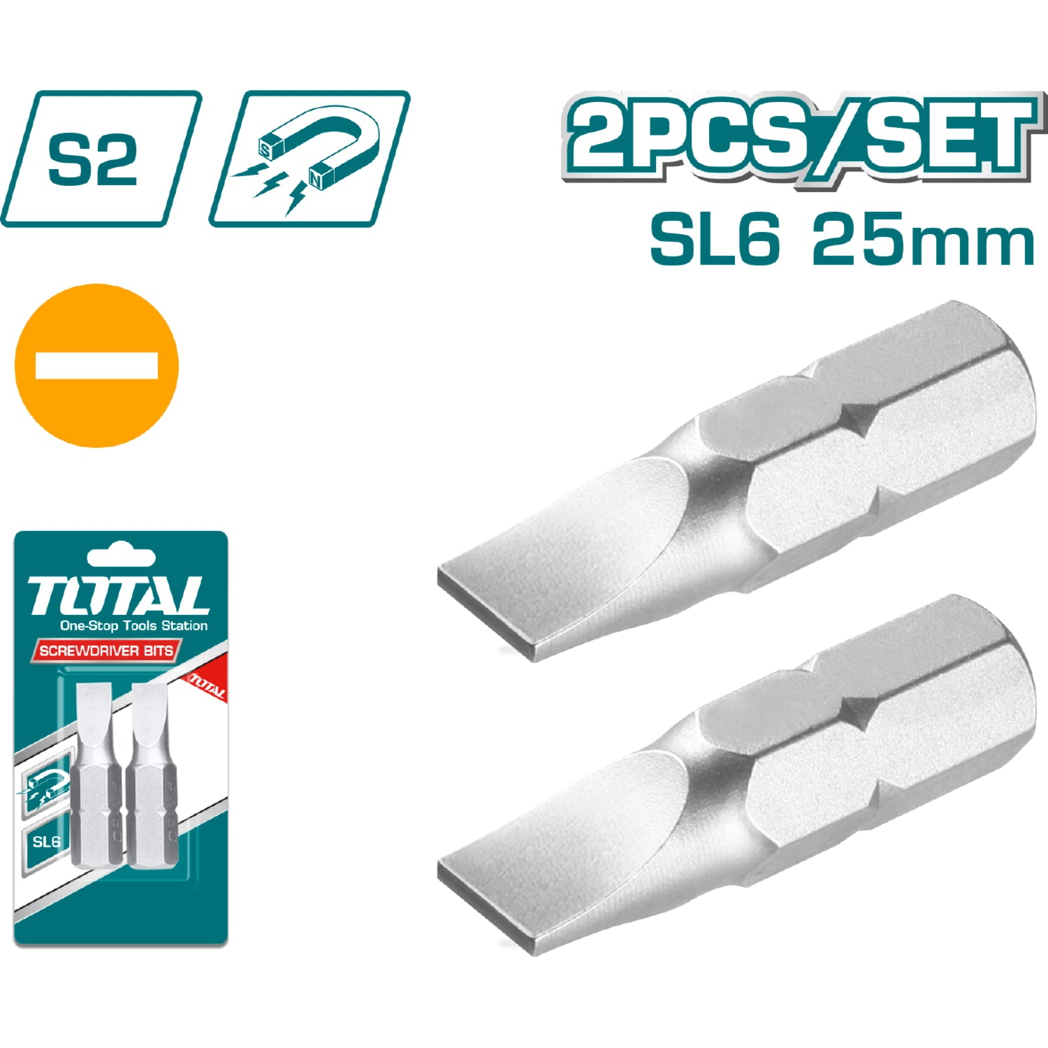 Puntas de destornillador Plano SL16*1.0. (Set 2 piezas,25 mm,S2).Punta magnética.