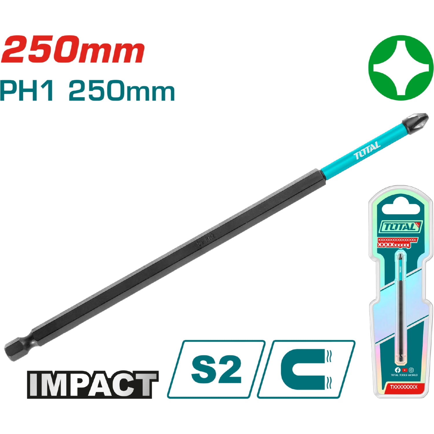 Punta de Destornillador de Impacto PH1 250mm Magnético. Tipo Phillips. Largas