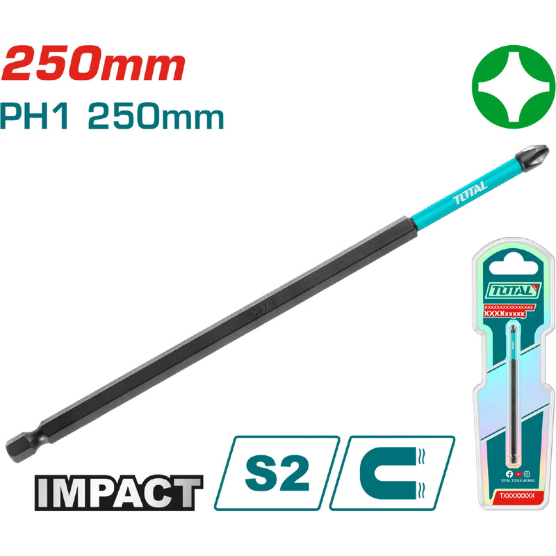 Punta de Destornillador de Impacto PH1 250mm Magnético. Tipo Phillips. Largas