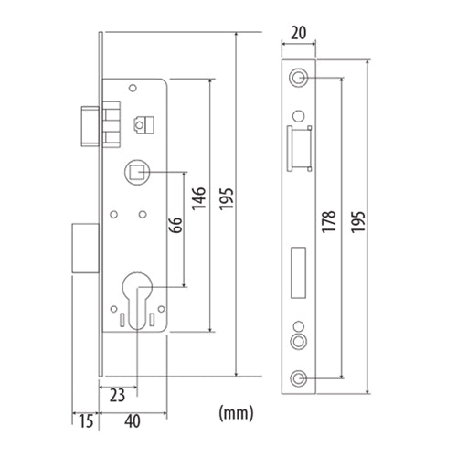Cerradura perfil angosto de pestillo doble manija.color blanco. Backset 23 mm;  14x38x146 mm. C-C 66