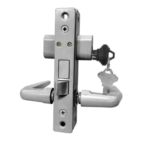 Set  cerradura pestillo perfil angosto con manija. silver., llave por ambos lados , 2 llaves, placa