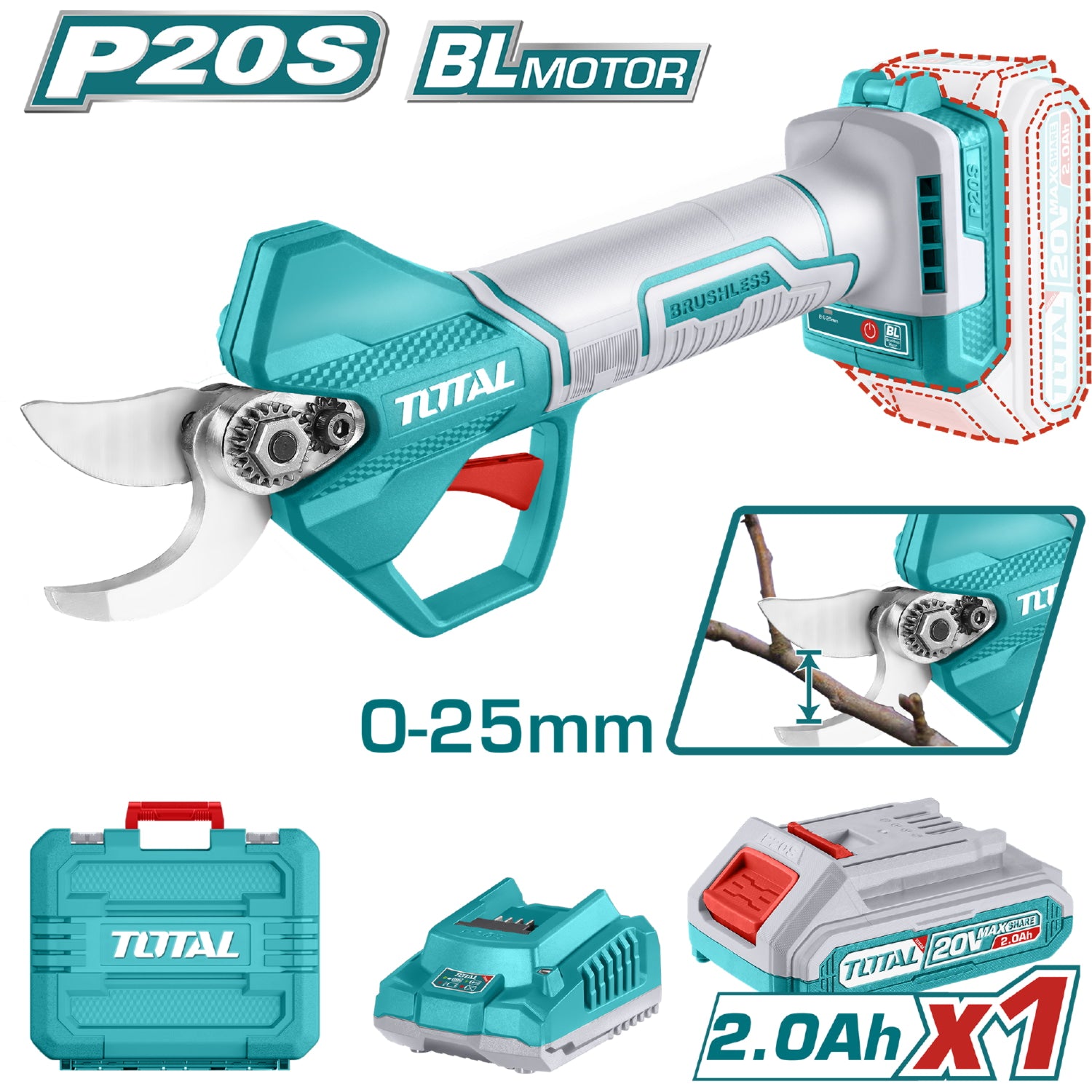 Tijera de Podar Inalámbrica 20V.Motor sin escobillas.25 mm (Batería 2.0Ah, cargador y maletín)