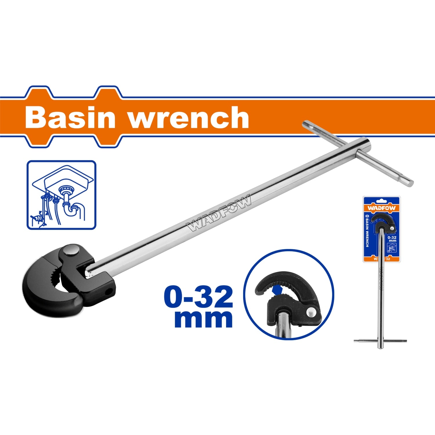 Llave telescópica para lavamanos 250mm/10". Ancho apertura:0-32mm. Mandíbula con resorte. Plomero plomria