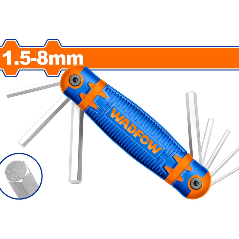 Llave Allen estilo navaja de bolsillo 1.5-8mm. Tratamiento térmico y placa cromada. Cr-V(8 pzas.)