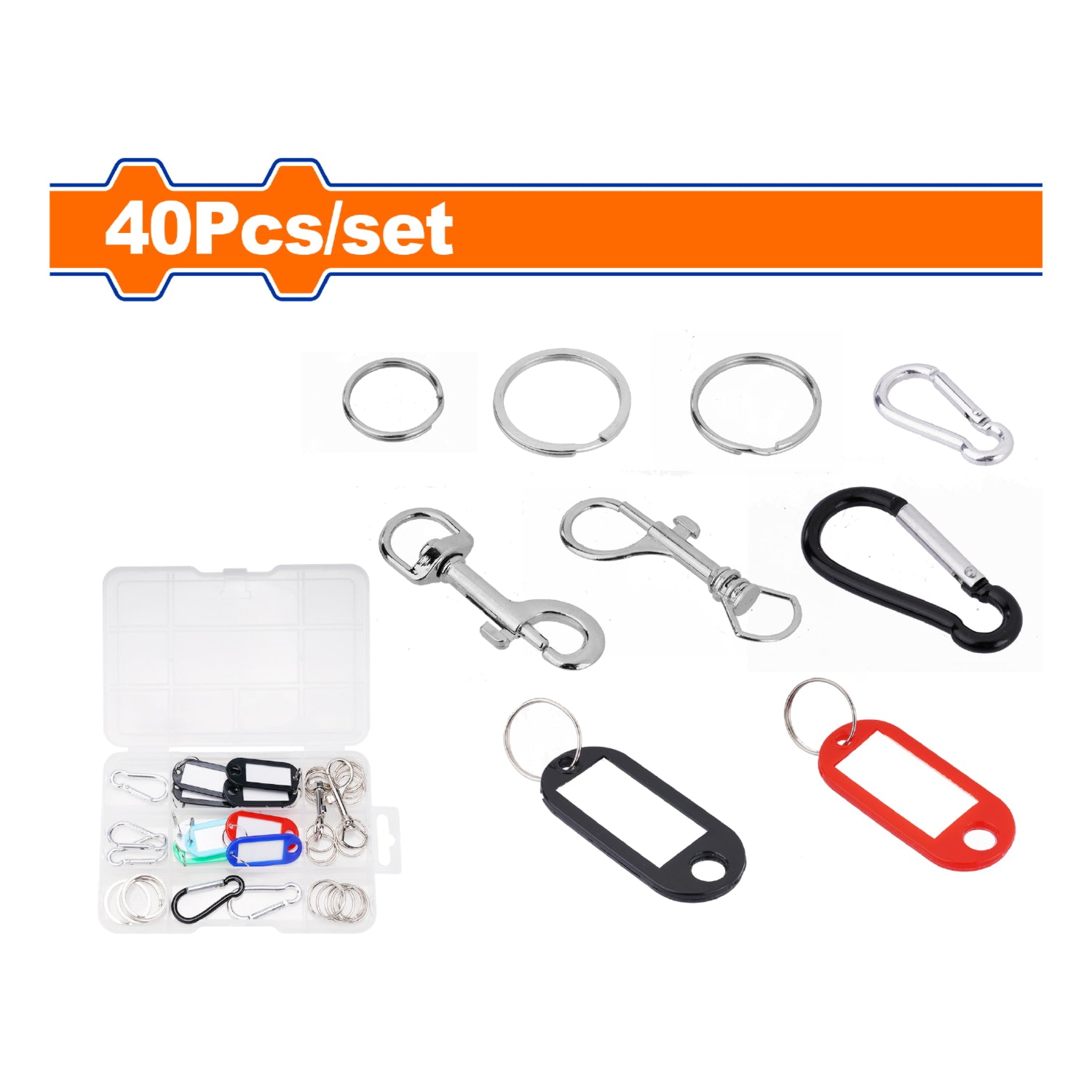 Etiqueta de llaves con nombre con juego de anillos, aros y eslabones. Set 40 piezas.