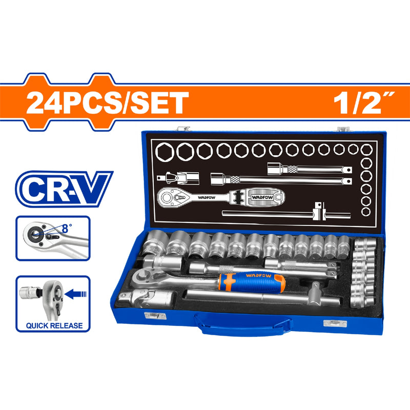 Socket ratchet 1/2". Set de 24 piezas. Cr-V. Incluye: Sockets,Barras de extensión, Barra T. Térmico. 24 dados
