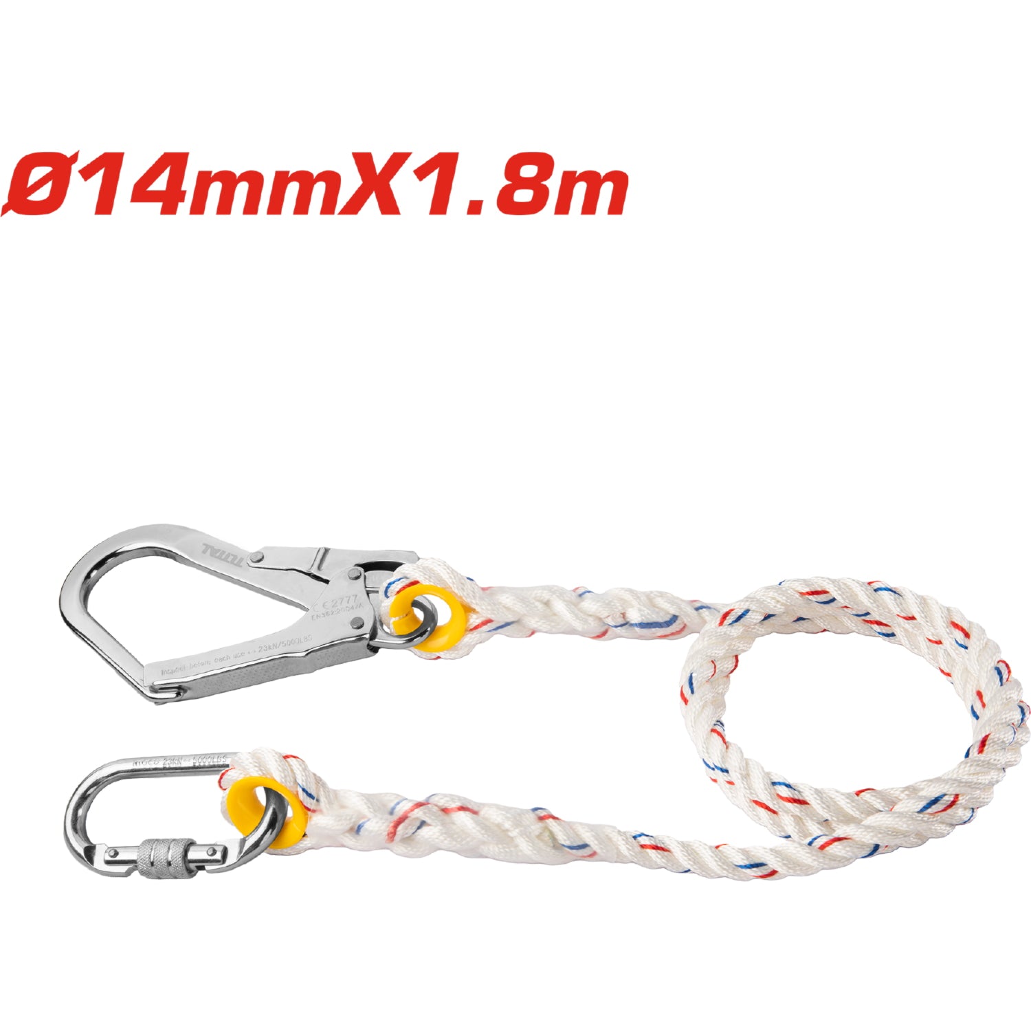 Cable de posicionamiento tipo cuerda nylon 1.80m con ganchos de cierre automático y mosquetón.